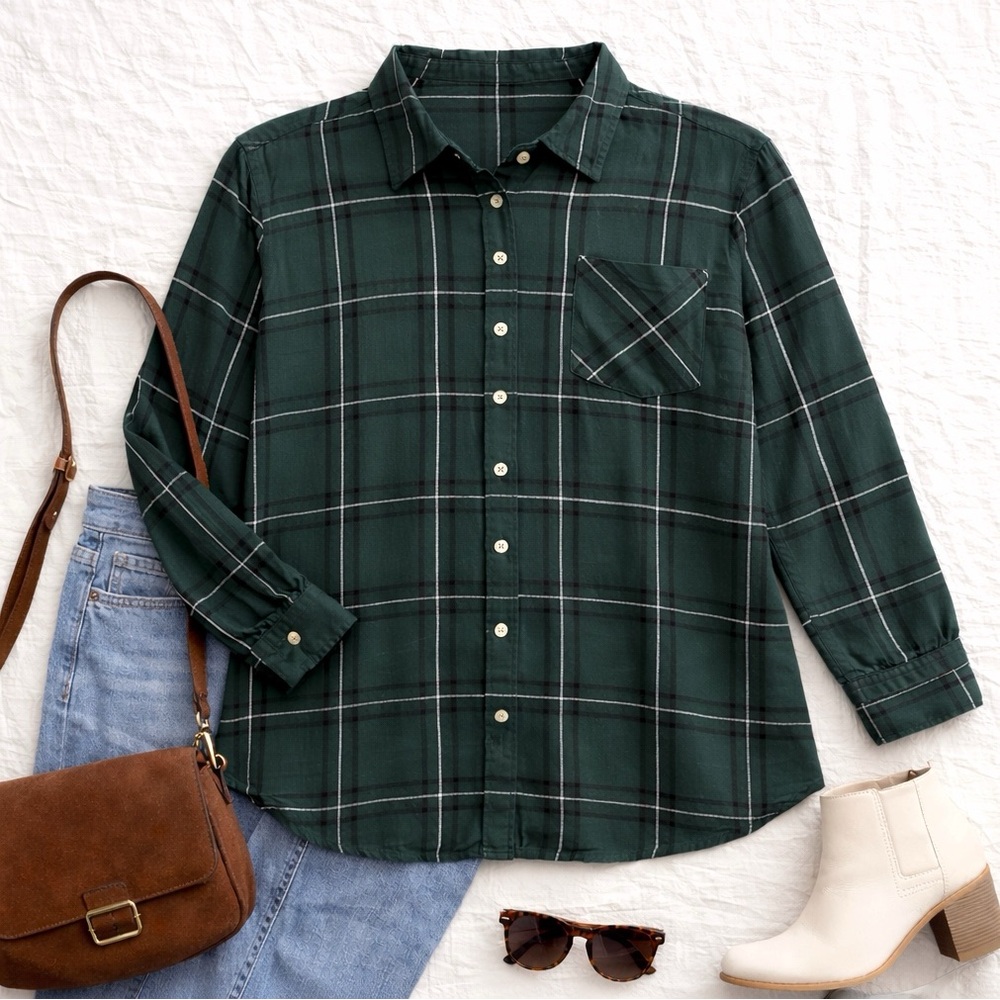 NEW Maurices Plaid Button Up Shirt Button Back Dark Green Silver 2 - Picture 4 of 17